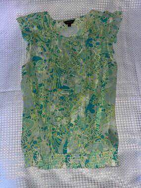 Vintage Jessica Green Abstract Paisley Ruffle Smocked Blouse M